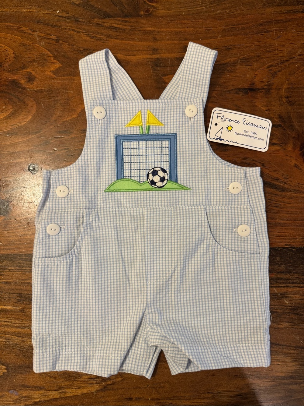 NWT Florence Eiseman Light Blue Seersucker Soccer Applique Shortall 3 Month